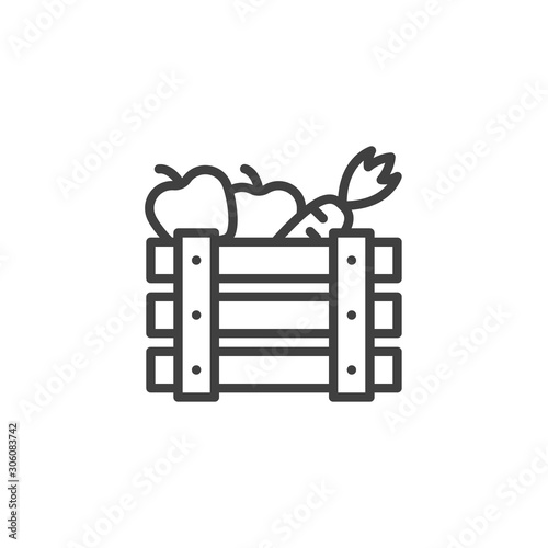 Fruits crate box line icon. linear style sign for mobile concept and web design. Wooden box with carrots and apples outline vector icon. Harvest symbol, logo illustration. Vector graphics