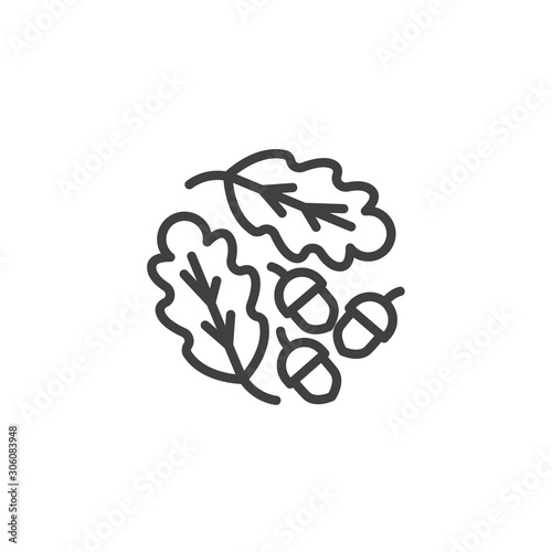 Oak leaves and acorns line icon. linear style sign for mobile concept and web design. Oak tree leaves and nuts outline vector icon. Symbol, logo illustration. Vector graphics