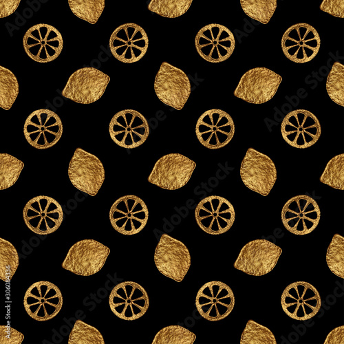 Lemons gold hand painted seamless pattern. Abstract citrus golden background. Fruit glitter texture in vintage style.