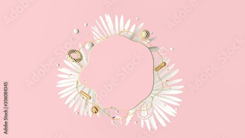 Cute video geometric frame with seamless loop motion elements and palm leaves. Gold, pink and white colors. 4k animation. Modern trendy 3d design. 