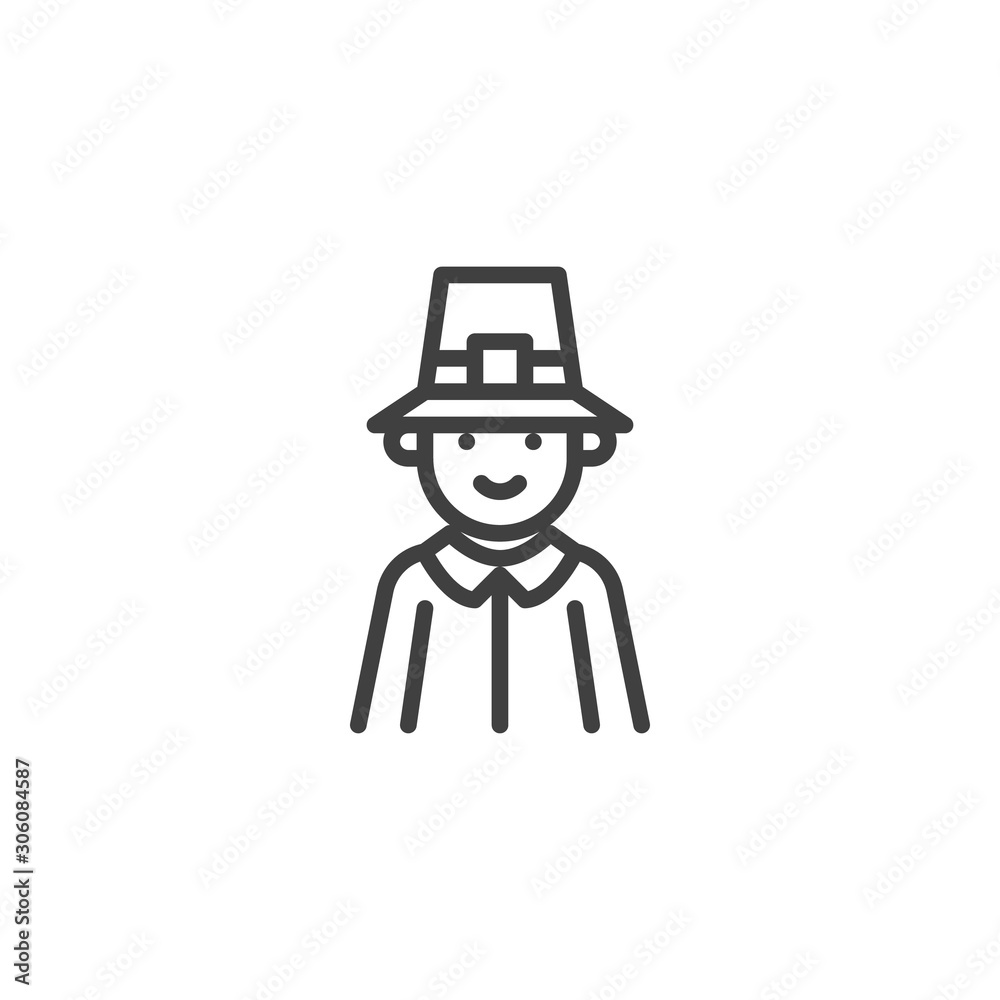 Thanksgiving pilgrim man line icon. linear style sign for mobile concept and web design. Pilgrim man character outline vector icon. Symbol, logo illustration. Vector graphics Thanksgiving pilgrim man line icon. linear style sign for mobile concept and web design. Pilgrim man character outline vector icon. Symbol, logo illustration. Vector graphics