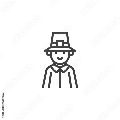 Thanksgiving pilgrim man line icon. linear style sign for mobile concept and web design. Pilgrim man character outline vector icon. Symbol, logo illustration. Vector graphics