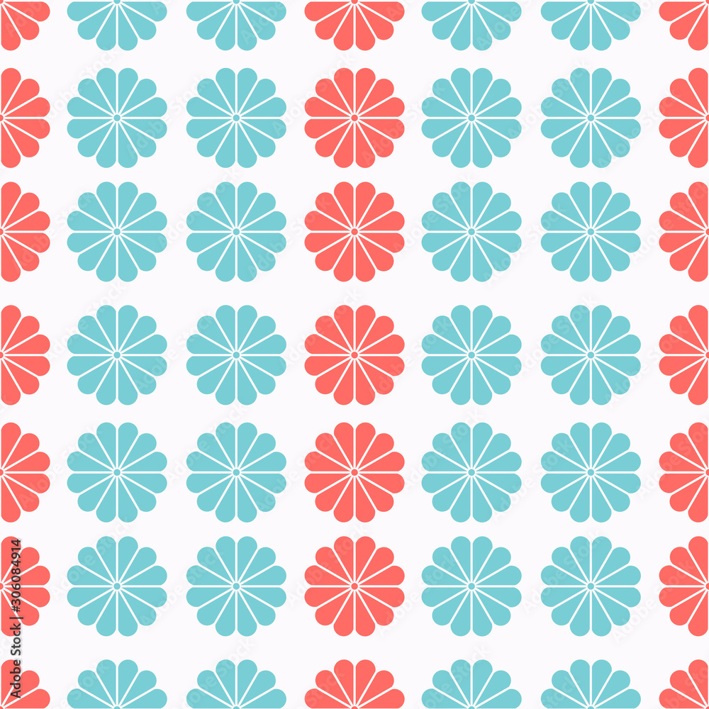 Vertical Seamless Pattern of Geometric Red Coral and Turquoise Elements on White Background