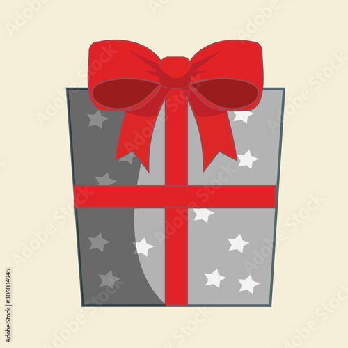 Light Grey Gift Box with White Stars and red Ribbon Flat Illustration Clip Art.