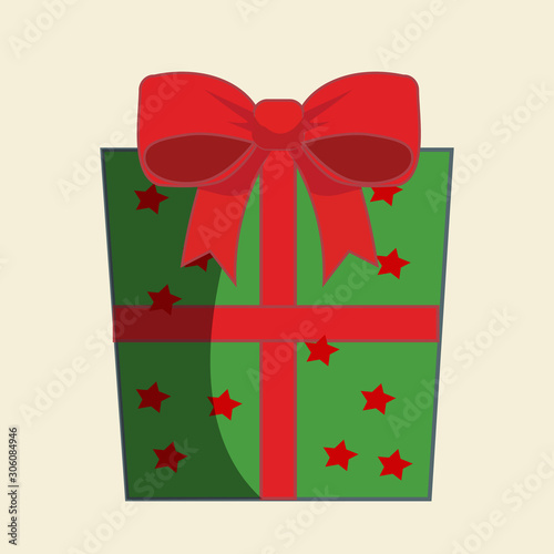 Green Gift Box Illustration With red stars and Ribbon. Present Clip Art