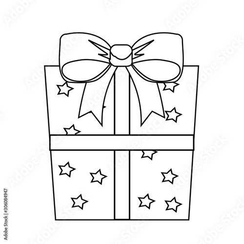 Gift Box Line Drawing Illustration Icon Wrapped With Ribbon and Stars.