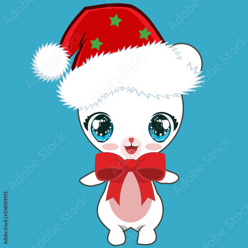 Cartoon Baby Polar Bear Wearing Santa Hat With Green Stars and Red Bow. Smiling With Mouth and Eyes Open
