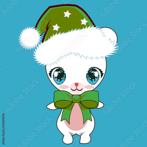 Cartoon Cute Baby Polar Bear Wearing A Green Santa Hat With White Stars and Green Bow, Smiling With Closed Mouth, Big Anime Style Blue Eyes.