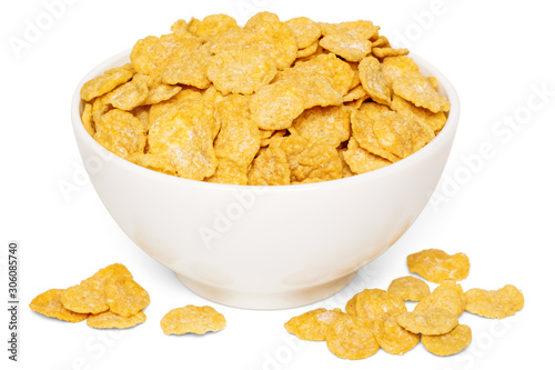 Crunchy corn flakes breakfast cereals in white bowl photo