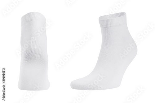 Blank white cotton medium socks on invisible foot isolated on white background as mock up for advertising, branding, design, back and side view, template.