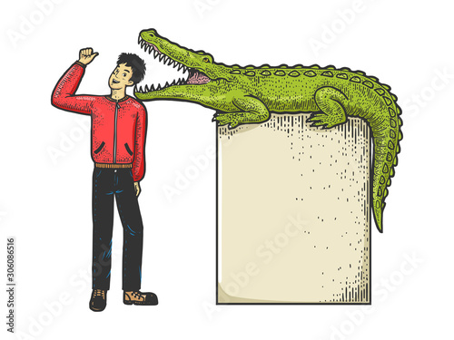 Optimistic man puts his head in jaws of crocodile person sketch engraving vector illustration. T-shirt apparel print design. Scratch board style imitation. Black and white hand drawn image.