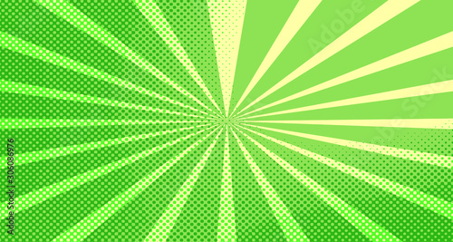 Vintage colorful comic book background. Green blank bubbles of different shapes. Rays  radial  halftone  dotted effects. For sale banner for your designe 1960s. Copy space vector eps10.