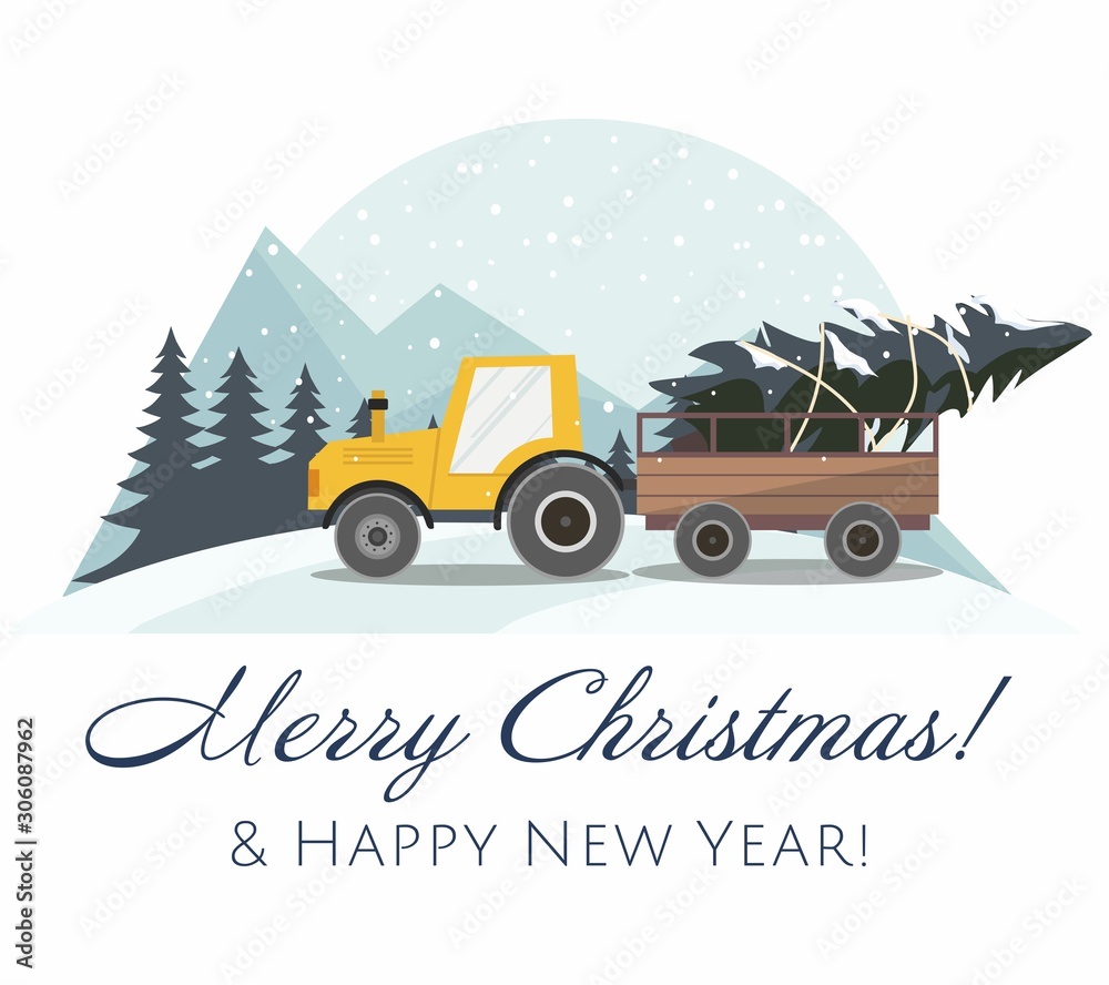 Obraz premium New Year and Merry Christmas card. Yellow Christmas tractor with a trailer and with fir tree. Winter landscape. 