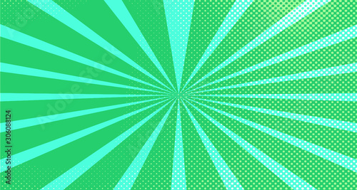 Vintage colorful comic book background. Green blank bubbles of different shapes. Rays  radial  halftone  dotted effects. For sale banner for your designe 1960s. Copy space vector eps10.