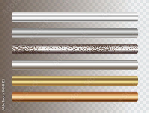 Pipe set isolated on transparent background. Chrome, steel, golden, copper and rusty iron profile elements. Vector cylinder metal tubes.
