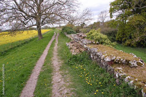 The magnificent Roman Wall in Silchester (Calleva Atrebatum), near to Basingstoke, England, stretching in to the distance