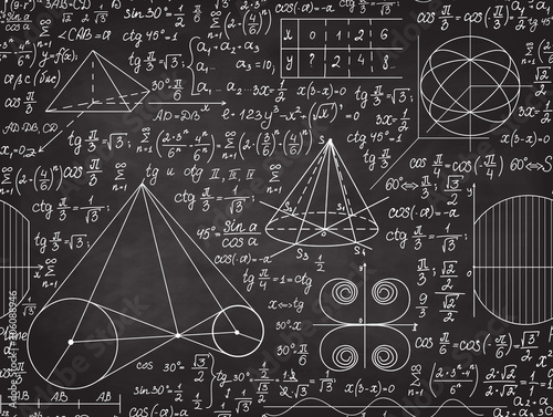 Vector mathematical seamless texture with formulas, chalk on the grey blackboard effect