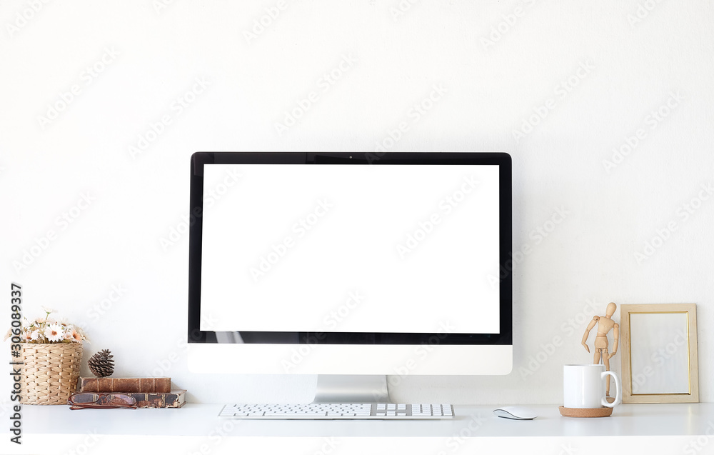 Work place concept Mockup blank screen  Office desk Workspace stuff with notepad, laptop and coffee cup mouse notepad shot.