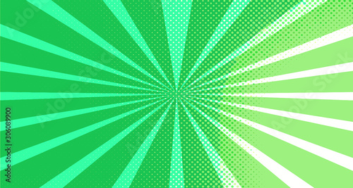 Vintage colorful comic book background. Green blank bubbles of different shapes. Rays  radial  halftone  dotted effects. For sale banner for your designe 1960s. Copy space vector eps10.