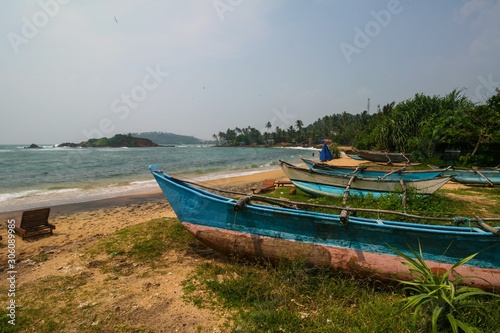 Traditional fishing boats on The Indian Ocean coast  Sri Lanka.