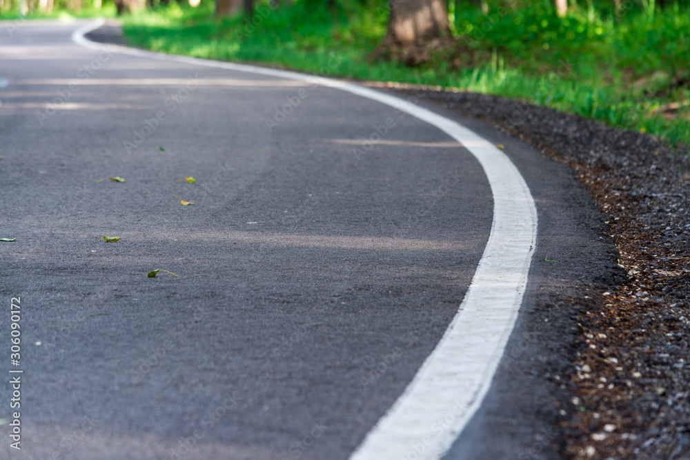 Road with a white stripe. Asphalted ridge with swirls on the background of trees. Typical rave. Last summer.