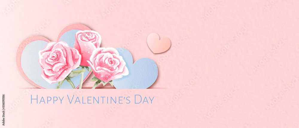 Valentine's papercut with hearts and roses on the left side of artwork on pink background that design like a craft paper.