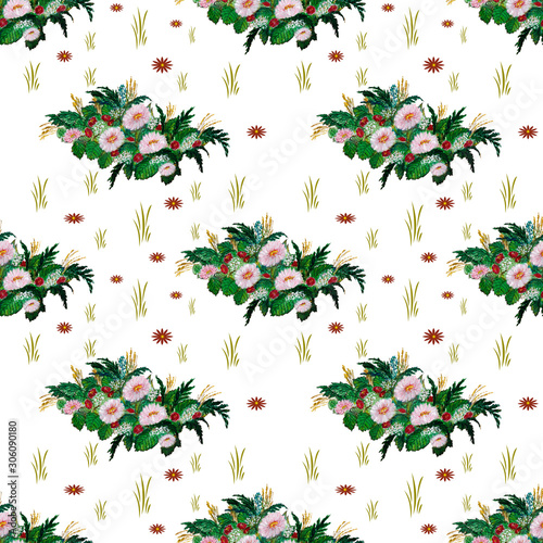 seamless floral pattern with flowers. Watercolor illustration isolated on yellow spot background.