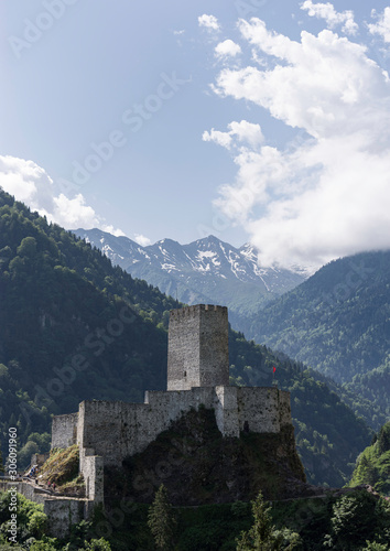 Landscape of Zilkale castle, forest, and cloudy mountains. Castle located in ...