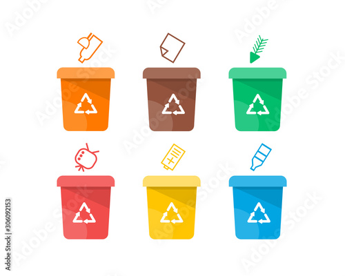 Collection of colorful separation recycle bin icon.Organic,batteries,metal,plastic,paper,glass,waste,light bulb,aluminium,food,can,bottle.Bin vector,recycle bin.Vector illustration