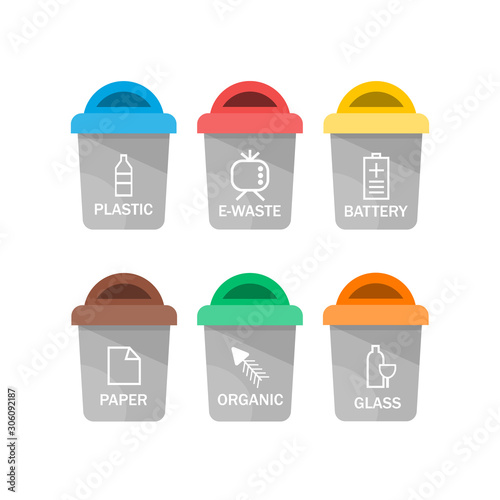 Collection of colorful separation recycle bin icon.Organic,batteries,metal,plastic,paper,glass,waste,light bulb,aluminium,food,can,bottle.Bin vector,recycle bin.Vector illustration