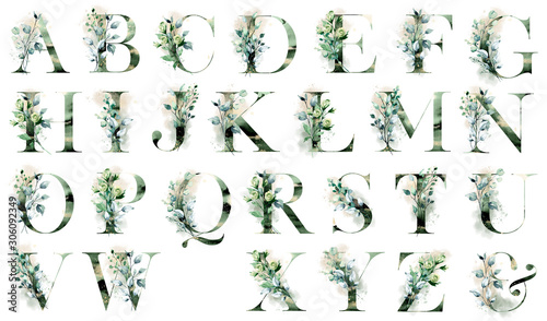 Fényképezés Floral alphabet, letters set with watercolor leaf