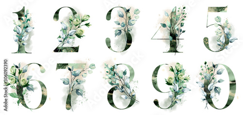 Numbers set with watercolor green leaf. Perfectly for wedding, birthday invitation, greeting card, logo and other floral design. Hand painting. Isolated on white background.