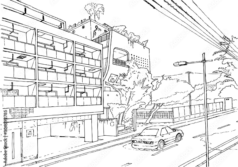 Tokio cityscape vector illustration Tokyo street, graphic vector illustration, japan manga style background line drawing art