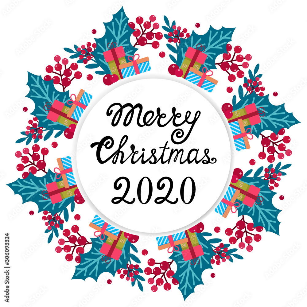 Christmas Greeting Card with winter wreath. Merry holidays. Template for New 2020 Year Cards, Scrapbooking, Stickers, Planner, Invitations.