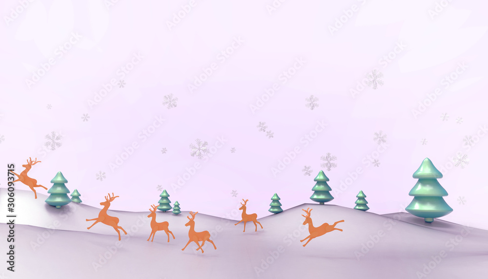 Fototapeta premium Christmas New Year and Snow Man Concept Creative christmas tree and reindeer with greeting cards and Background Xmas design on purple pastel background - 3d rendering