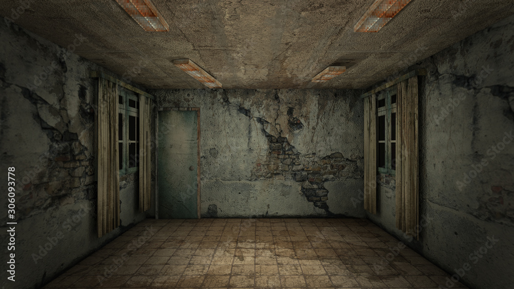 The interior design of horror and creepy damage empty room., 3D rendering.