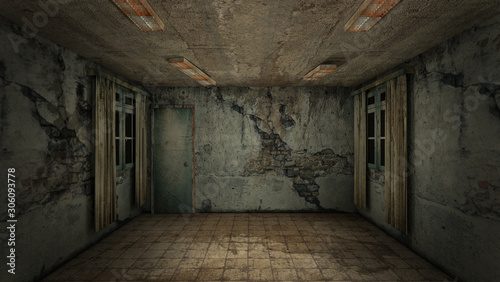 The interior design of horror and creepy damage empty room.  3D rendering.