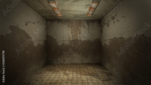 The interior design of horror and creepy damage empty room., 3D rendering.