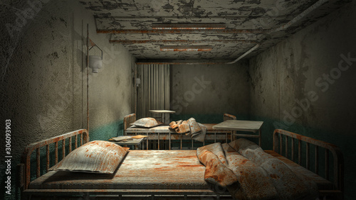 horror and creepy ward room in the hospital with blood .3D rendering