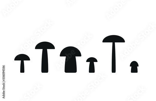 Cartoon style mushrooms in row.  Simple shape different sizes. Vector illustration image isolated on white background.