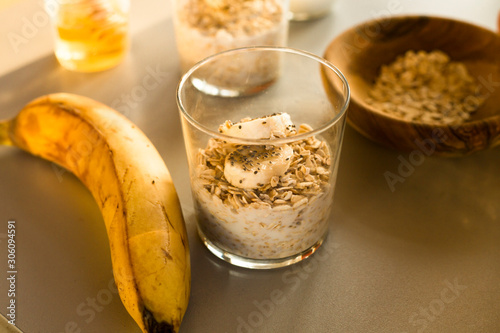 oatmeal in a glass with banana and chia