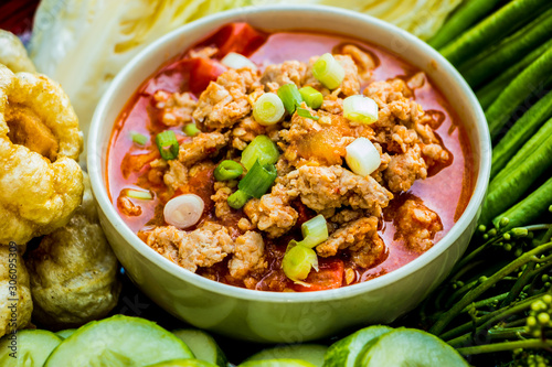 Thai northern style  pork and tomato relish or Nam-Prik-Ong with vegetables