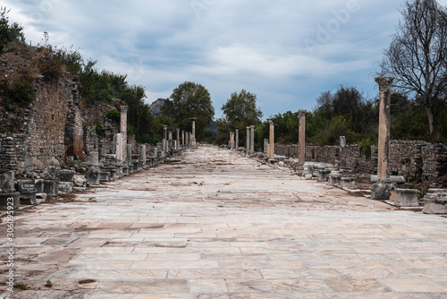 Ruins of the temple. Ephesus ancient city harbor road.
