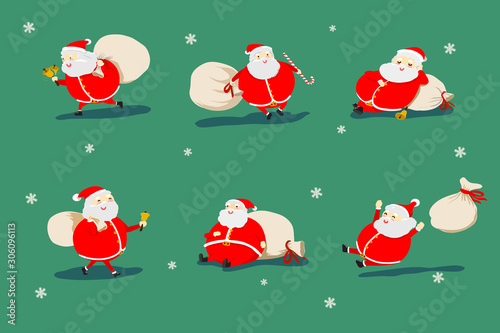 Set of Santa Claus in action, walking, sitting, napping and sliding jingle all the way. 