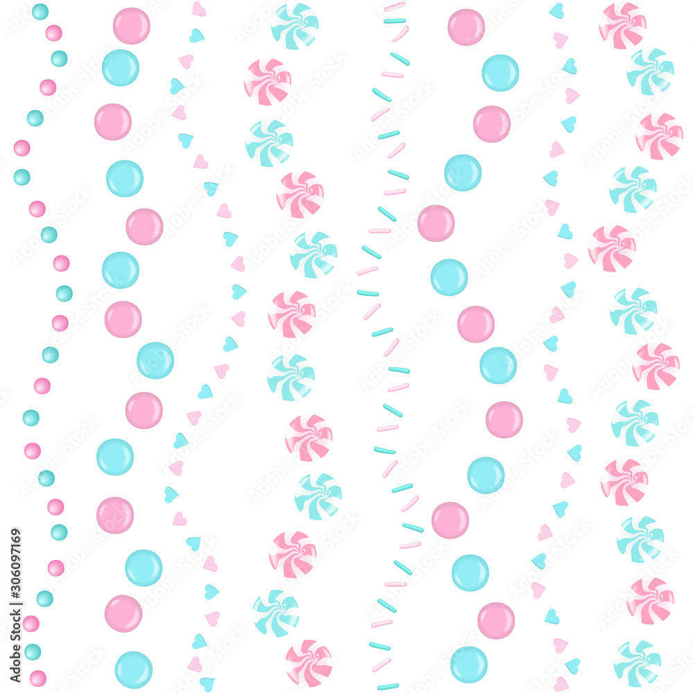Rose and blue sweet Sprinkles swirled ribbins seamless wave pattern. pearl sugar