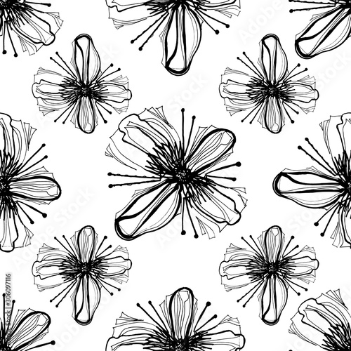 Seamless pattern black and white. Brush stroke outline graphics isolated on white background. Stock vector illustration.