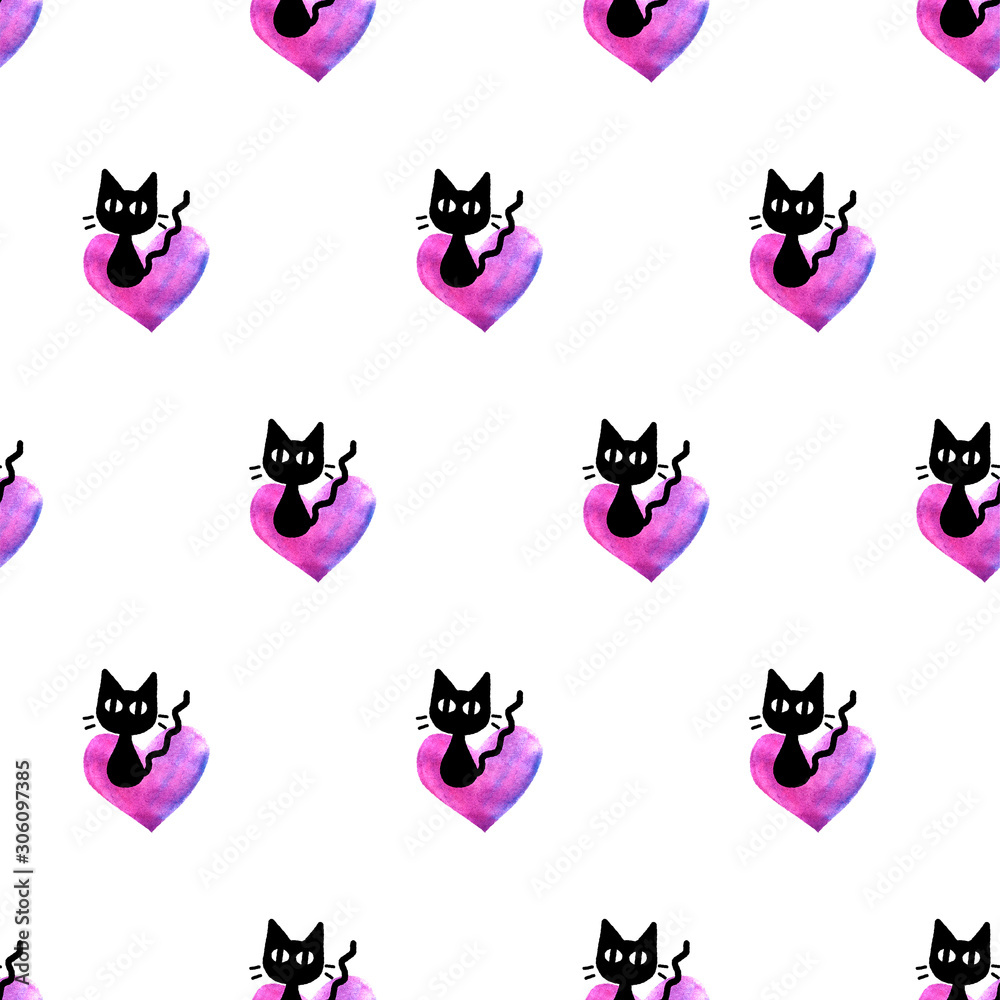 Cute seamless pattern with hearts and cats. Romantic texture for backgrounds, wrapping paper, packaging, greeting cards, prints, covers, fabric, textile, birthday, Valentine's Day Cute seamless pattern with hearts and cats. Romantic texture for backgrounds, wrapping paper, packaging, greeting cards, prints, covers, fabric, textile, birthday, Valentine's Day