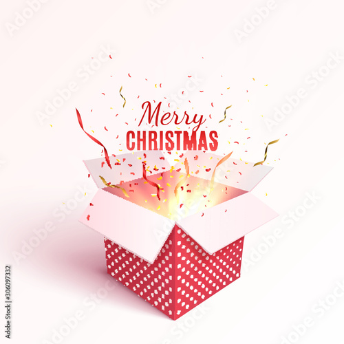 Gift box with red ribbon and bow. Merry Christmas and Happy New Year banner. Vector 3d illustration. Christmas decoration