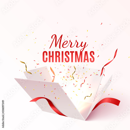 Gift box with red ribbon and bow. Merry Christmas and Happy New Year banner. Vector 3d illustration. Christmas decoration