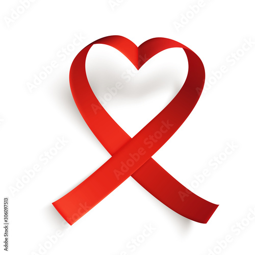 Realistic heart shaped red ribbon isolated over white background, world aids day symbol, 1 december. World cancer day symbol, 4 february. Design template. Vector illustration